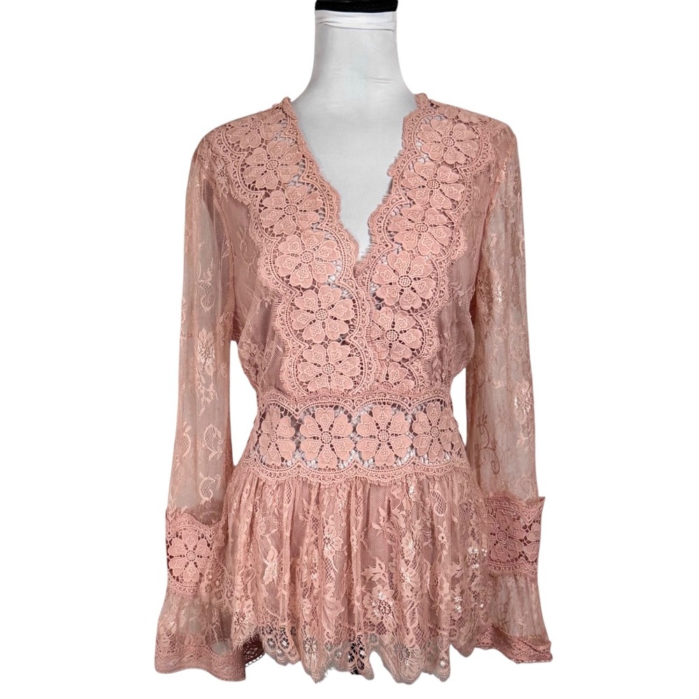Boho Crochet Lace Top Sheer Bell Sleeve Romantic Fairy Size L Dusty Pink Cottage